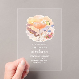 Invitaciones Acrílicas Boda Transparente Santorini Atardecer Rosa Cóctel