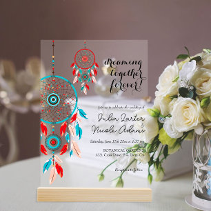 Invitaciones Acrílicas Boda tribal boho Dreamcatcher de plumas