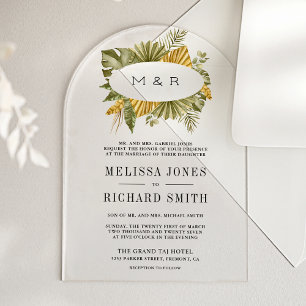 Invitaciones Acrílicas Boda Tropical Boho con Hojas de Palma Secas