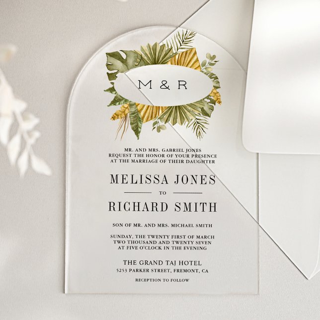 Invitaciones Acrílicas Boda Tropical Boho con Hojas de Palma Secas (Subido por el creador)