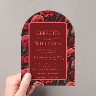 Invitaciones Acrílicas Boda Tropical Clásica con Clavel Rojo