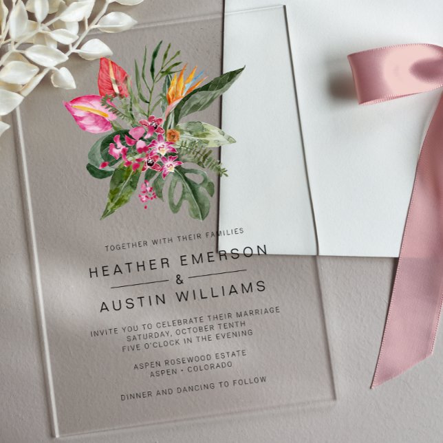 Invitaciones Acrílicas Boda Tropical Colorida (Colorful Tropical Watercolor Wedding Acrylic Invitations by Painted Paperie
)