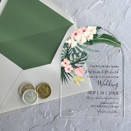 Invitaciones Acrílicas Boda Tropical de Destino con Hojas de Palma