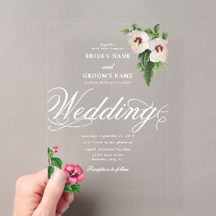 Invitaciones Acrílicas Boda Tropical de Hibisco de Acrílico Transparente