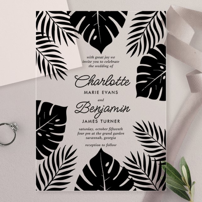 Invitaciones Acrílicas Boda tropical de la Monstera Negra (Subido por el creador)