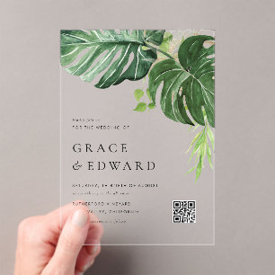 Invitaciones Acrílicas Boda Tropical de Monstera con Vegetación Acuarela