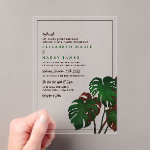 Invitaciones Acrílicas Boda Tropical de Monstera en la Playa