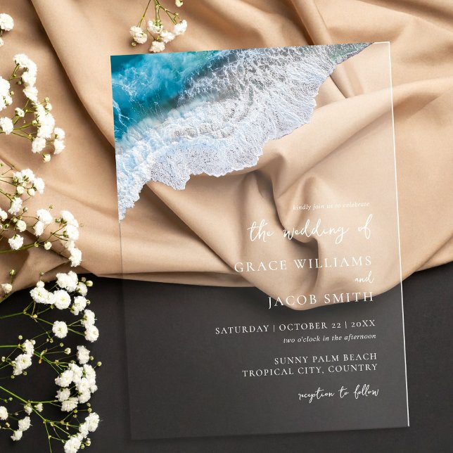 Invitaciones Acrílicas Boda Tropical de Olas del Océano Azul (Subido por el creador)