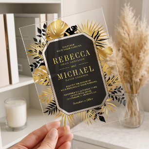 Invitaciones Acrílicas Boda Tropical de Palma Negra y Dorada