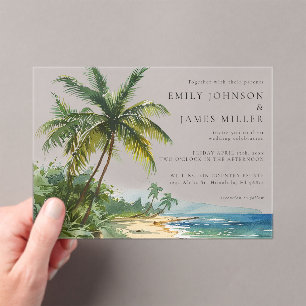 Invitaciones Acrílicas Boda Tropical de Playa con Palmeras al Acuarela