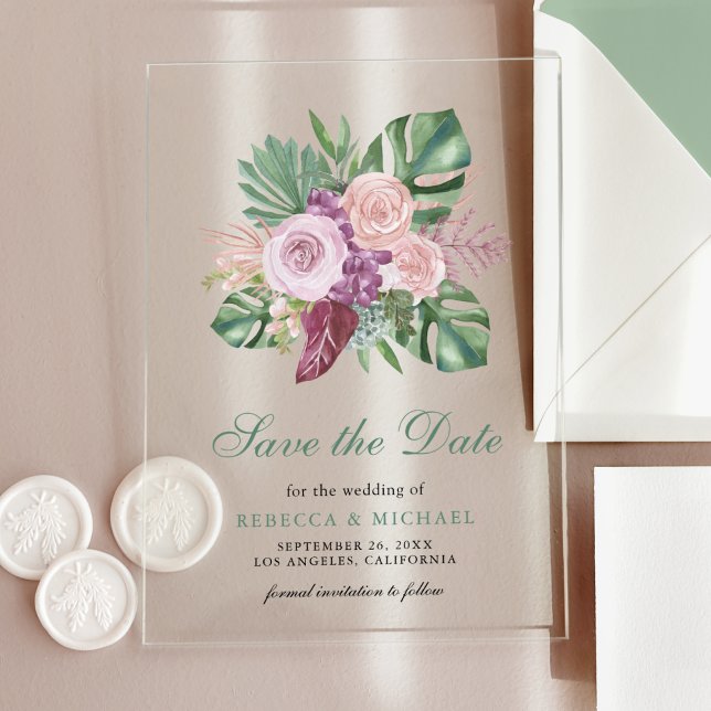 Invitaciones Acrílicas Boda tropical de rosas rosadas en Monstera Guardar (Subido por el creador)