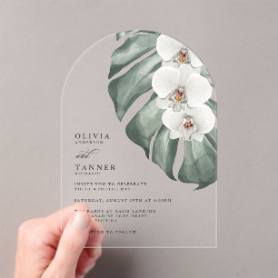 Invitaciones Acrílicas Boda Tropical del Arco Moderno Orquídea Blanca