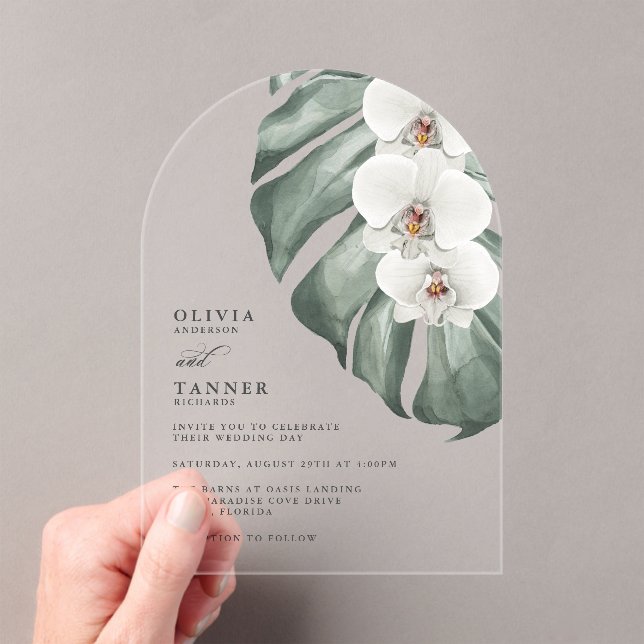 Invitaciones Acrílicas Boda Tropical del Arco Moderno Orquídea Blanca (Insitu (portátil))