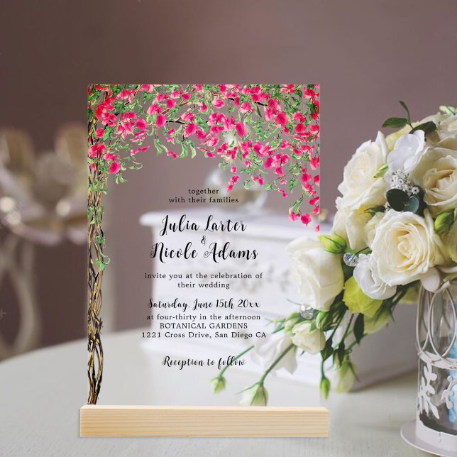 Invitaciones Acrílicas Boda Tropical en el Bosque de Buganvilla Rosa (Subido por el creador)