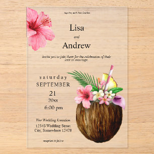 Invitaciones Acrílicas Boda Tropical Hawaiano Floral y Coco