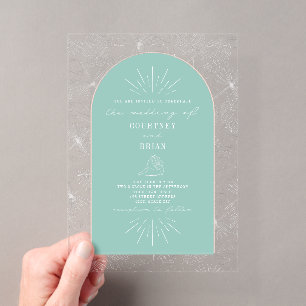 Invitaciones Acrílicas Boda Tropical Hojas de Palma Aqua Conchas Marinas