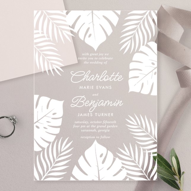 Invitaciones Acrílicas Boda Tropical Monstera Blanca (Subido por el creador)