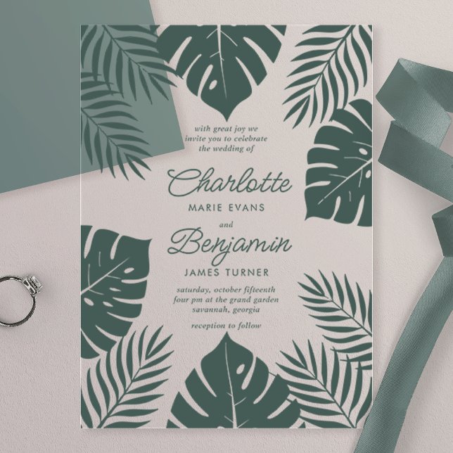 Invitaciones Acrílicas Boda Tropical Monstera Verde (Subido por el creador)