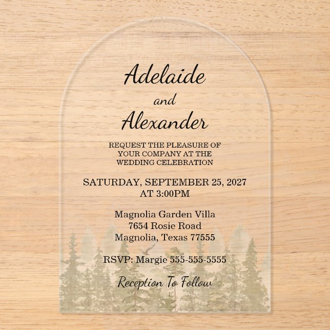 Invitaciones Acrílicas Boda Verde Bosque Rústico (Anverso)