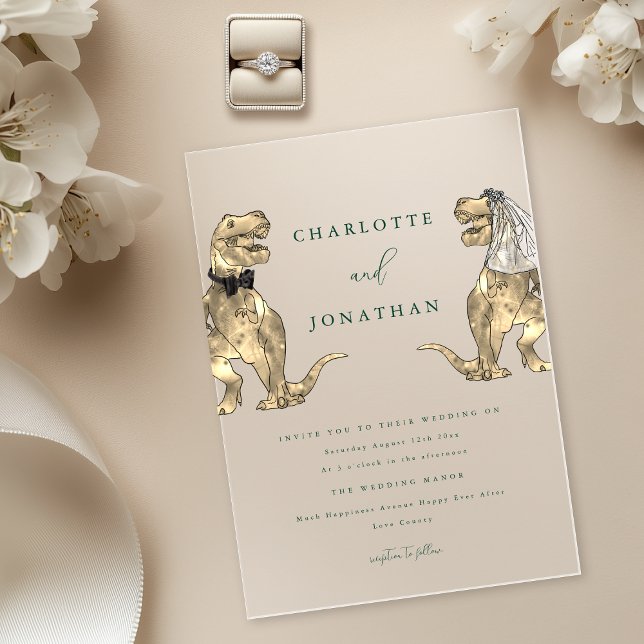 Invitaciones Acrílicas Boda verde con tema de dinosaurios (Dinosaur theme wedding dark green modern elegant typography acrylic invitation T-Rex bride and groom)