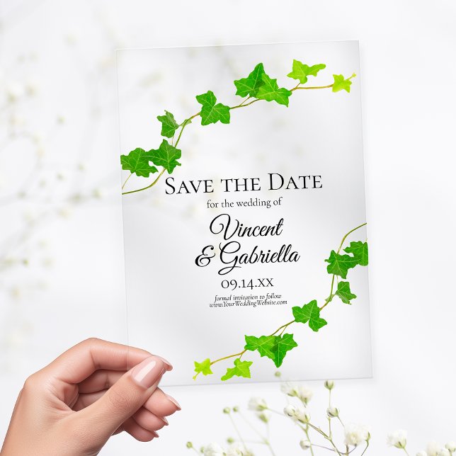 Invitaciones Acrílicas Boda verde de marfil inglesa salva la fecha (Subido por el creador)