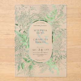 Invitaciones Acrílicas Boda verde esmeralda del follaje verde de ferrina 