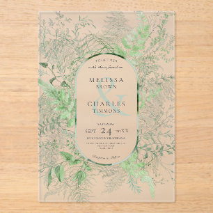 Invitaciones Acrílicas Boda verde esmeralda del follaje verde de ferrina 