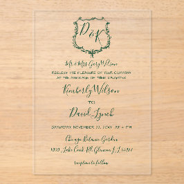 Invitaciones Acrílicas Boda Verde Forestal Escudo Monogramado