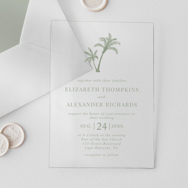 Invitaciones Acrílicas Boda Verde Sage Palm Tree de Playa Tropical (Subido por el creador)