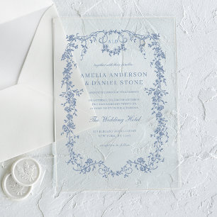 Invitaciones Acrílicas Boda Vintage Azul Polvoriento Victoriana Francesa