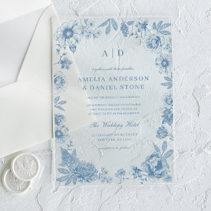 Invitaciones Acrílicas Boda Vintage Azul Polvoriento Victoriano Francés