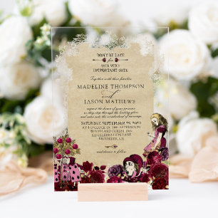 Invitaciones Acrílicas Boda Vintage Burgundy Oro Alicia en el País de las