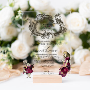 Invitaciones Acrílicas Boda Vintage Burgundy Oro Alicia en el País de las