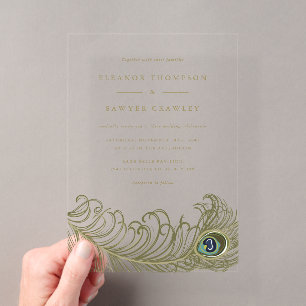Invitaciones Acrílicas Boda Vintage de Pluma de Pavo Real Caprichosa