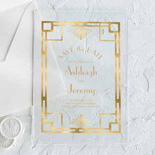 Invitaciones Acrílicas Boda Vintage Deco Dorado Save the Date años 20