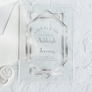 Invitaciones Acrílicas Boda Vintage Deco Plata de los años 20 Guardar la