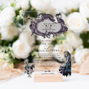 Invitaciones Acrílicas Boda Vintage Gris Oscuro Alicia en el País de las 