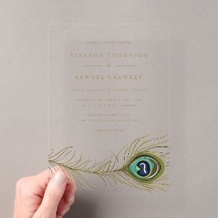 Invitaciones Acrílicas Boda Vintage Pluma de Pavo Real Elegante