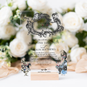 Invitaciones Acrílicas Boda Vintage Polvo Azul Alicia en el País de las M