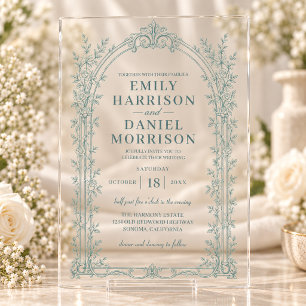 Invitaciones Acrílicas Boda Vintage Victoriana Verde Salvia