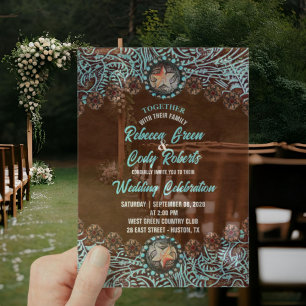 Invitaciones Acrílicas Boda Western Country Vaquero Marrón Turquesa