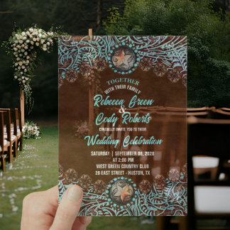 Invitaciones Acrílicas Boda Western Country Vaquero Marrón Turquesa