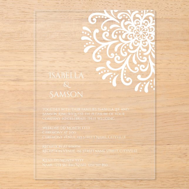 Invitaciones Acrílicas Boda Whimsical White Flourish (Anverso)
