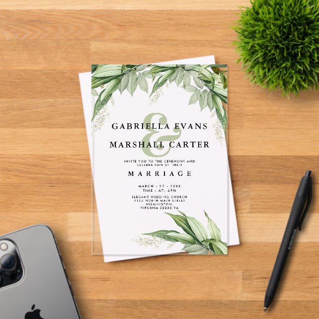 Invitaciones Acrílicas Boda y ampersor floral de follaje verde marfil (Insitu (Tarjeta de Invitación))