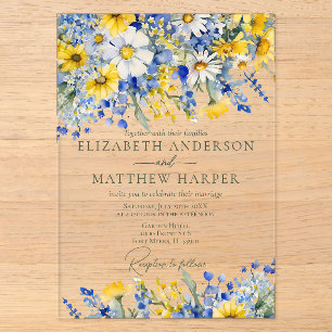 Invitaciones Acrílicas Bodas Boho de flores silvestres azules polvorienta