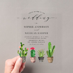 Invitaciones Acrílicas Bodas Boho de Suculentas y Cactus en Maceta