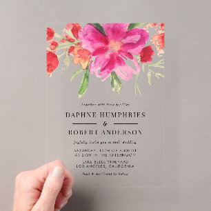 Invitaciones Acrílicas Bodas Botánicas de Flores Rosadas Magenta Acuarela