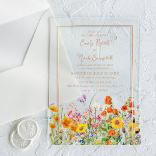 Invitaciones Acrílicas Bodas campestres con flores silvestres coloridas