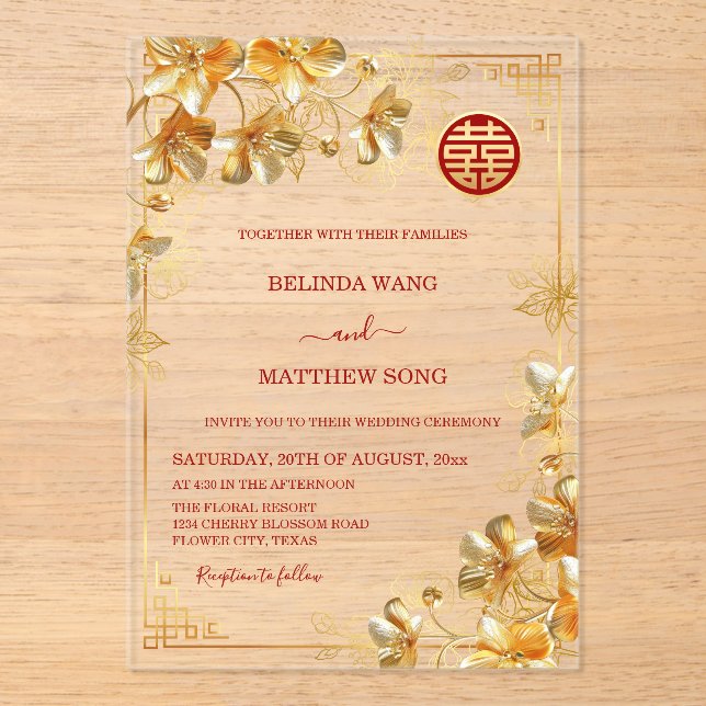 Invitaciones Acrílicas Bodas Chinas Flores 3D de Oro (Anverso)