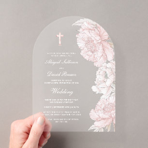 Invitaciones Acrílicas Bodas con arco de peonías blancas y rosadas polvor